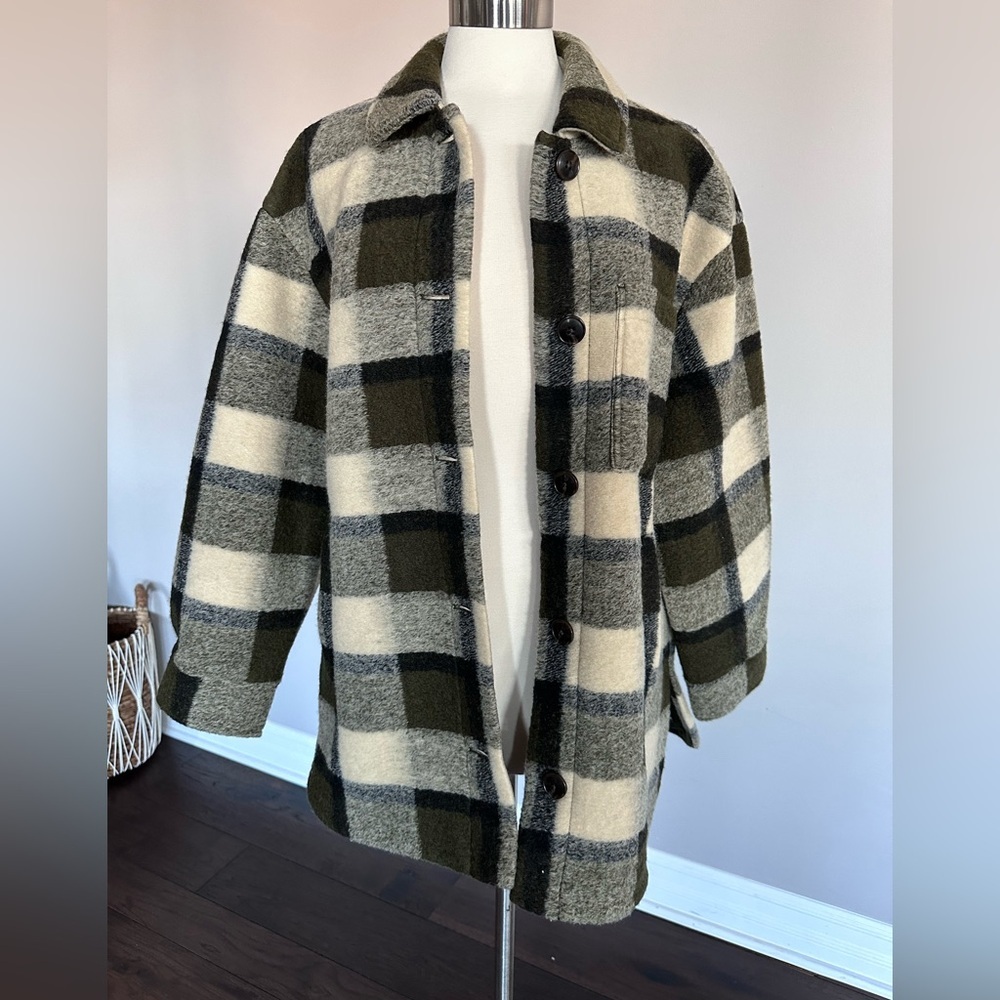 Madewell Belrose Shirt-jacket Wool Blend In Maran Plaid Green Black Ivory LG NWT - Picture 6 of 16